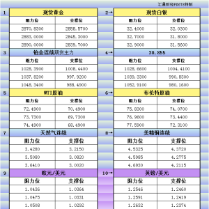 2月6日亚市更新支撑阻力：18品种支撑阻力(金银铂钯原油天然气铜及十大货币对) ...
