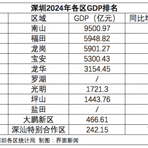 深圳各区2024年GDP：龙岗甩掉宝安直追福田