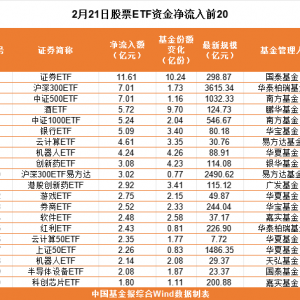 2月21日股票ETF资金净流出超75亿元