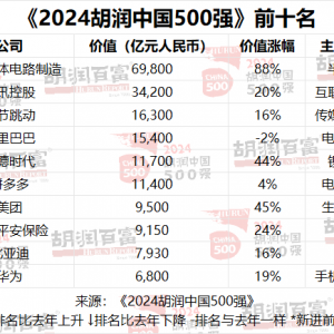 2024胡润中国500强榜单发布：总价值上涨13%，达到56万亿元