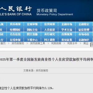 央行：一季度全国新发放商业性个人住房贷款加权平均利率为3.11% ...