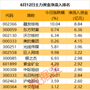 主力资金丨10股尾盘获主力重金买入