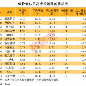 低价、低估值、高成长、超跌的优质股，15股上榜