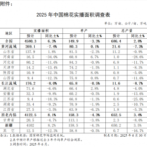 中储棉信息中心：2025年中国棉花实播面积同比增加6.3%