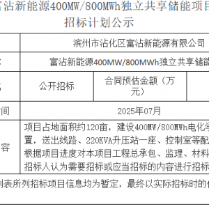1.25元/Wh！山东400MW/800MWh独立储能招标