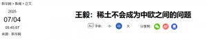 王毅：稀土不会成为中欧之间的问题