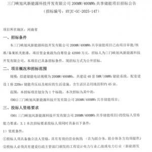 1.05元/Wh！河南200MW/400MWh共享储能项目招标