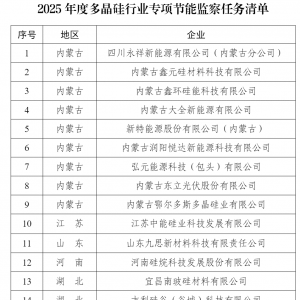 工信部印发2025年度多晶硅行业专项节能监察任务清单的通知