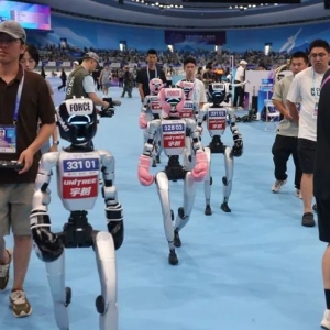 直击2025世界人形机器人运动会：自由搏击中 高扫踢撂倒对手
