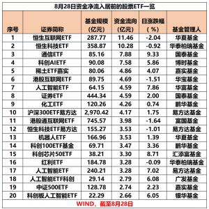 8月28日股票ETF资金净流出超37亿元，港股主题ETF产品资金净流入居前 ...