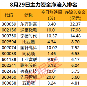 主力资金丨8股遭主力资金出逃均超10亿元