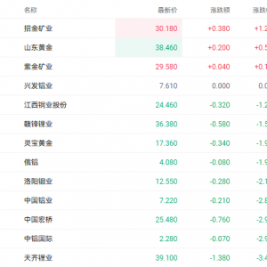 市场利好持续提振有色金属概念 招金矿业领跑相关个股
