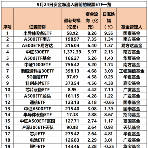 9月24日股票ETF整体资金净流入超51亿元