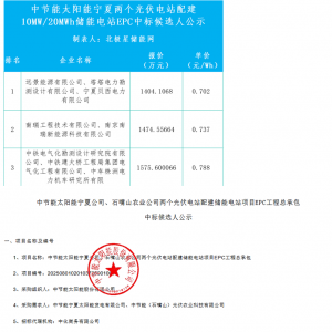 中节能太阳能宁夏两个光伏电站配建10MW/20MWh储能电站EPC中标候选人公示 ...