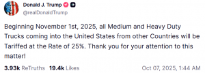 特朗普宣布中型和重型卡车进口关税将于11月1日生效