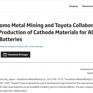 丰田汽车与住友金属矿山将合作量产全固态电池正极材料