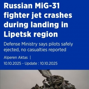 俄军一架米格-31战机坠毁 飞行员弹射逃生