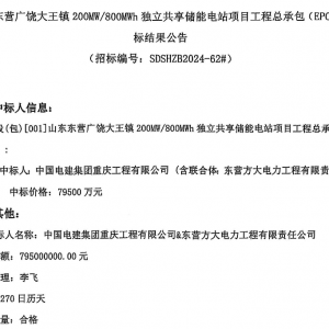 山东大王镇200MW/800MWh独立共享储能电站EPC中标公示