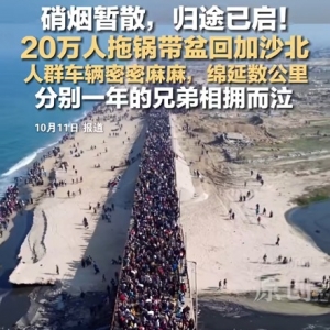 哈马斯：准备放弃加沙地带治理权！20万加沙人拖锅带盆返乡 家园已成废墟 人群绵延数公 ...