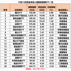 10月13日股票ETF整体资金净流入超246亿元