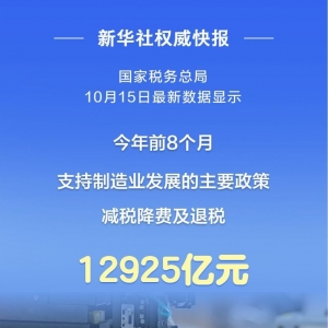 前8个月我国制造业享受减税降费及退税近1.3万亿元