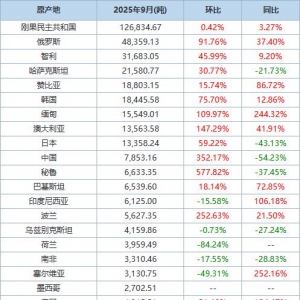 海关总署：中国9月精炼铜进口量同比上升7.44% 分项数据一览