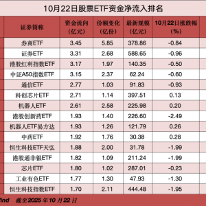 10月22日股票ETF整体资金净流出超52亿元