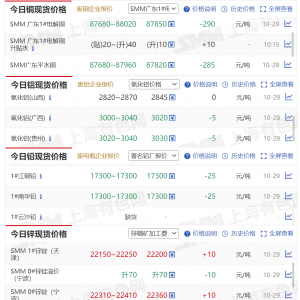 10月29日SMM金属现货价格|铜价|铝价|铅价|锌价|锡价|镍价|钢铁|稀土 ...
