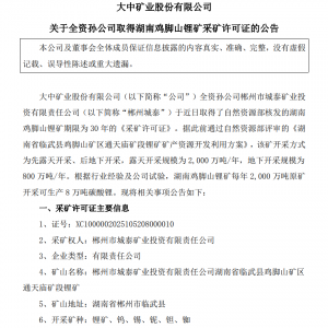 全资孙公司取得湖南鸡脚山锂矿采矿许可证 大中矿业今日股价拉升涨停！【SMM热点】 ...