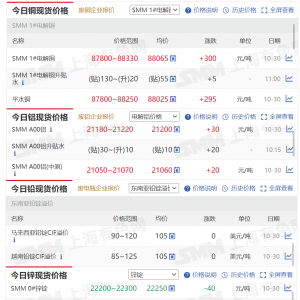 10月30日SMM金属现货价格|铜价|铝价|铅价|锌价|锡价|镍价|钢铁|稀土 ...