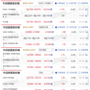 12月19日SMM金属现货价格|铜价|铝价|铅价|锌价|锡价|镍价|钢铁|稀土 ...