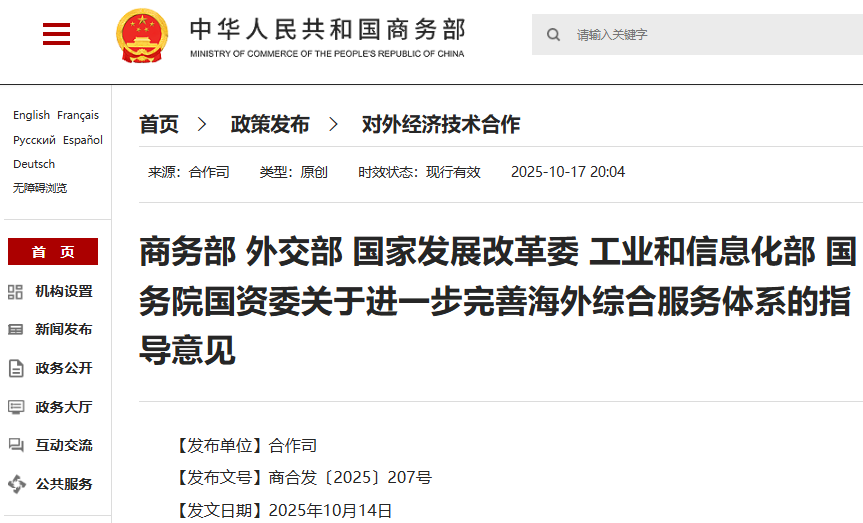 关于进一步完善海外综合服务体系的指导意见